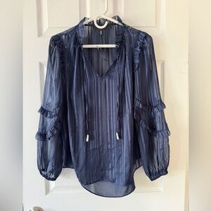 White House Black Market Sheer Navy Sparkle Stripe Ruffle Blouse